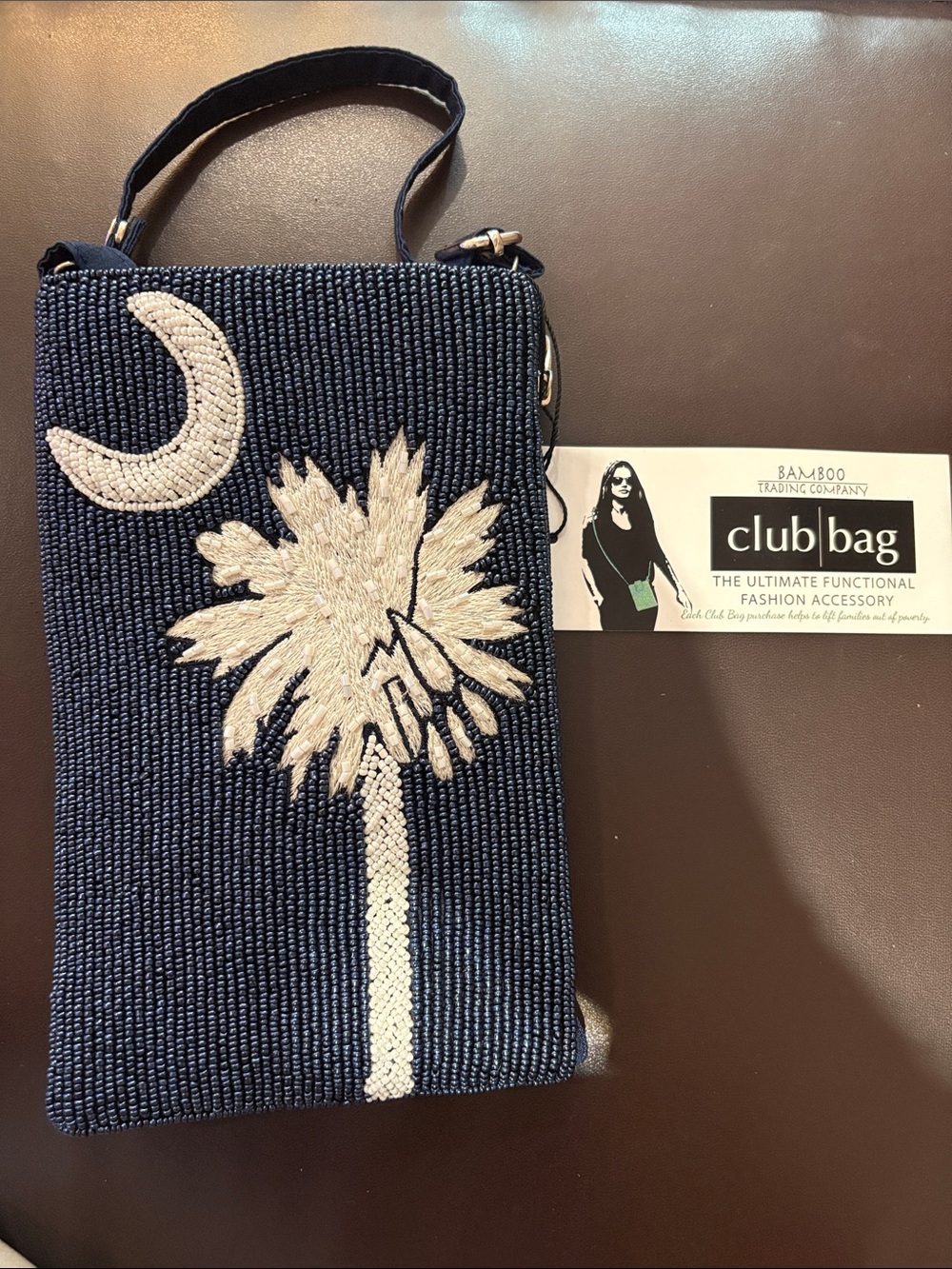 Club Bag Navy Crossbody with White Palm & Moon Embroidery by Bamboo Trading Co.